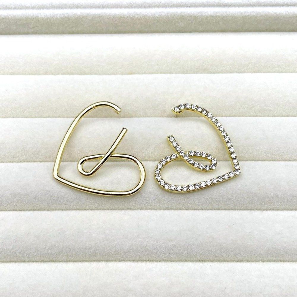 Yellow Gold and White Diamond Crystal Mismatched Heart Post Back Drop Earrings - Picture 4 of 10